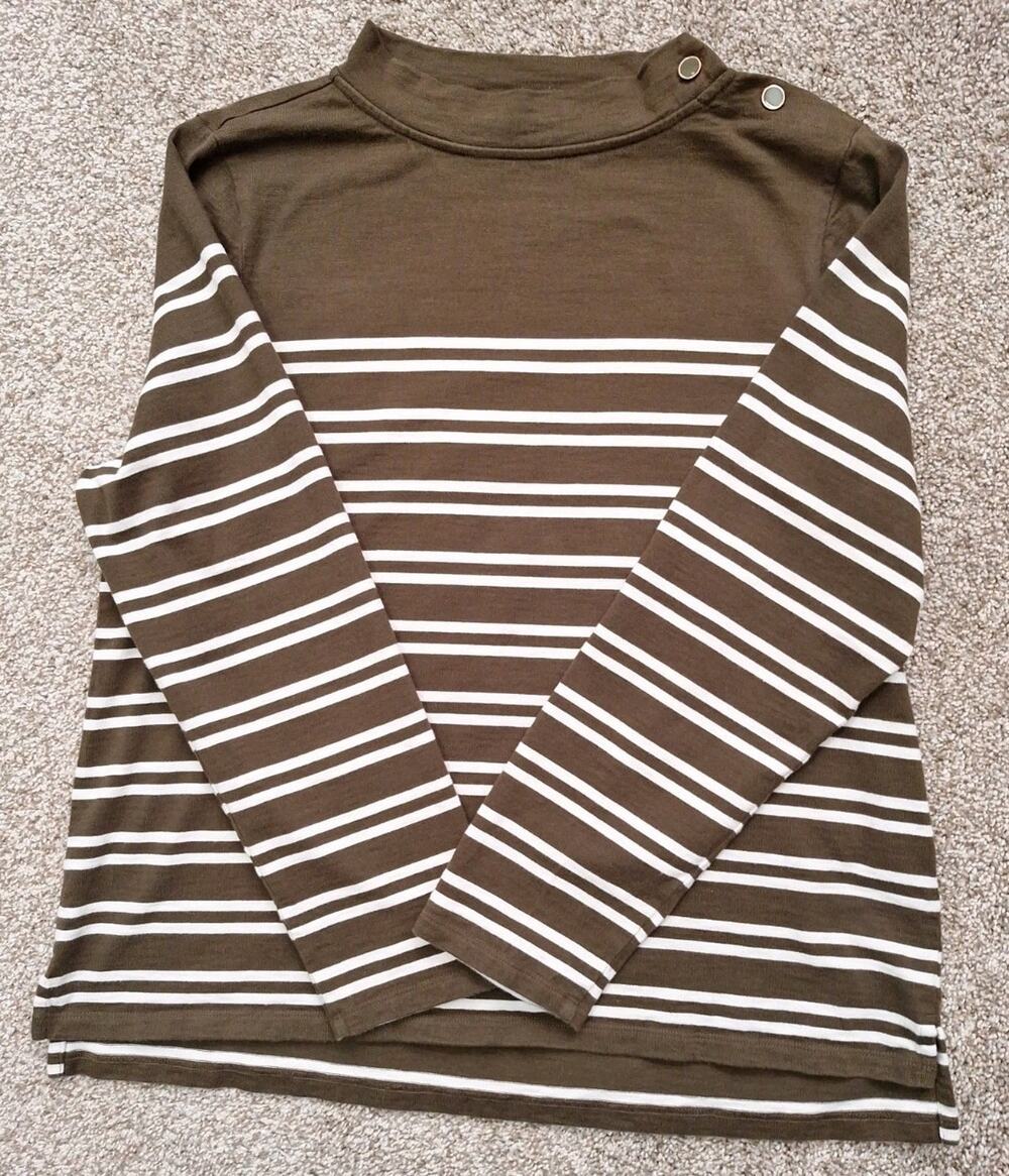 TALBOTS Women’s Mock Shoulder Button Olive White Stripe Long Sleeve Shirt XL